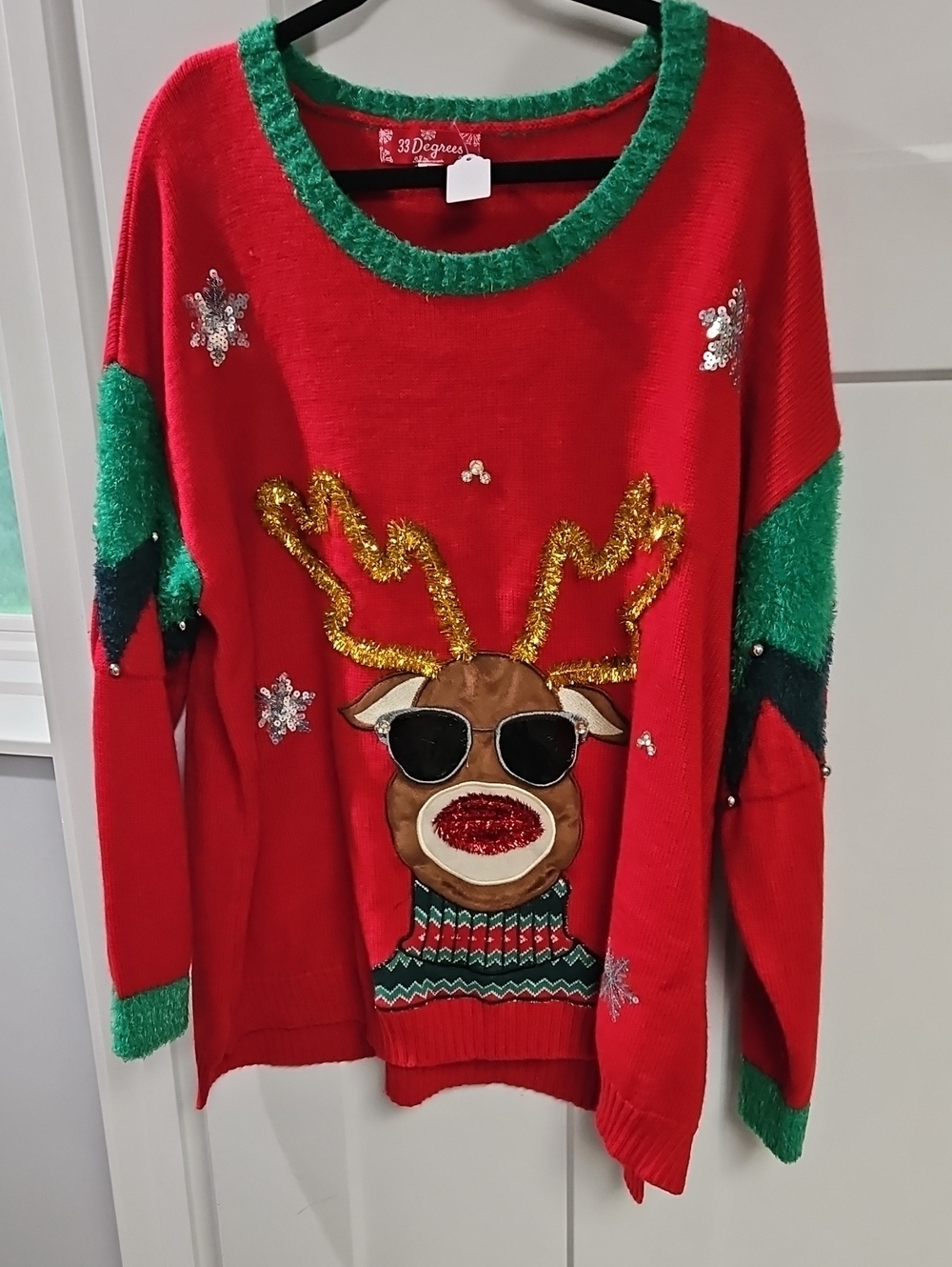 32 Degrees Red Holiday Reindeer Sequin Crewneck Sweater